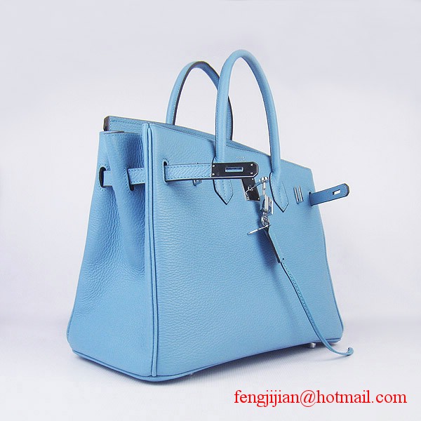 Hermes 35cm Embossed Veins Leather Bag Light Blue 6089 Silver Hardware